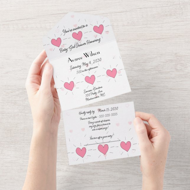 Rosa Hearts Baby Shower-inbjudan (Tearaway)