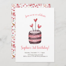 Rosa Hearts Birthday Cake Inbjudan