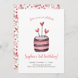 Rosa Hearts Birthday Cake Inbjudan