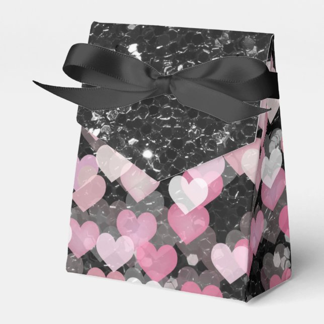 Rosa Hearts Black Faux Glitter Black Bow Presentaskar (Framsidan Sidan)