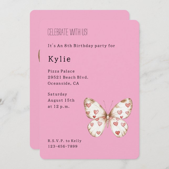 Rosa Hearts Butterfly Birthday Inbjudningar (Fram/baksida)