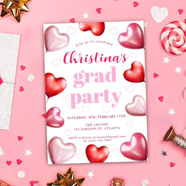 Rosa Hearts Cute Snyggt Studentfest Inbjudningar (Pink Cute Stylish Graduation Party Invitation)