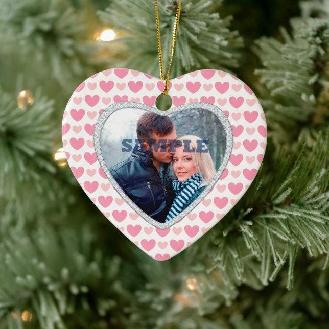 Rosa Hearts Faux Diamond Valentine Photo Template Julgransprydnad Keramik (Träd)