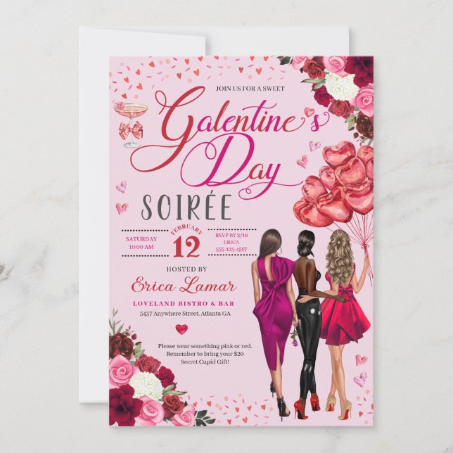 Rosa Hearts Galentine's Day Girl Friends Party Inbjudningar (Framsida)