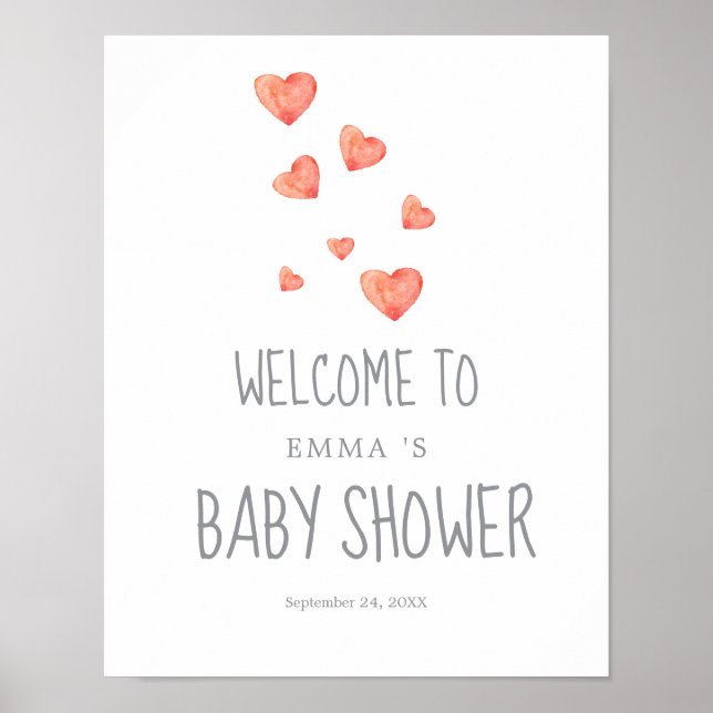 Rosa Hearts Girl Baby Shower Välkomstskylt Poster (Framsidan)