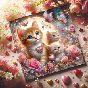 Rosa Hearts Kittens Butterflies Valentine Julkort
