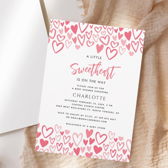 Rosa Hearts Little Baby Baby Shower Inbjudningar (Modern Little Sweetheart Pink Hearts Valentines Girl Baby Shower Invitation)