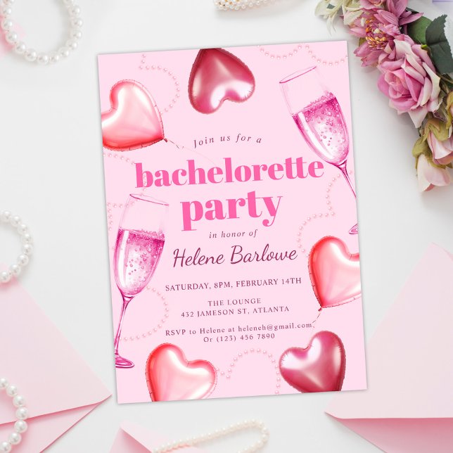 Rosa Hearts Modern Elegant Bachelorette Party Inbjudningar (Pink Cute Girly Modern Elegant Bachelorette Party Invitation)