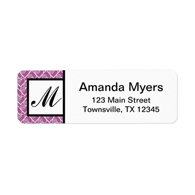 Rosa Hearts Monogram border Returadress Etikett (Framsidan)