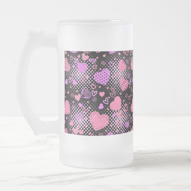Rosa Hearts Mönster 01 Black BG Frostat Ölglas (Vänster)