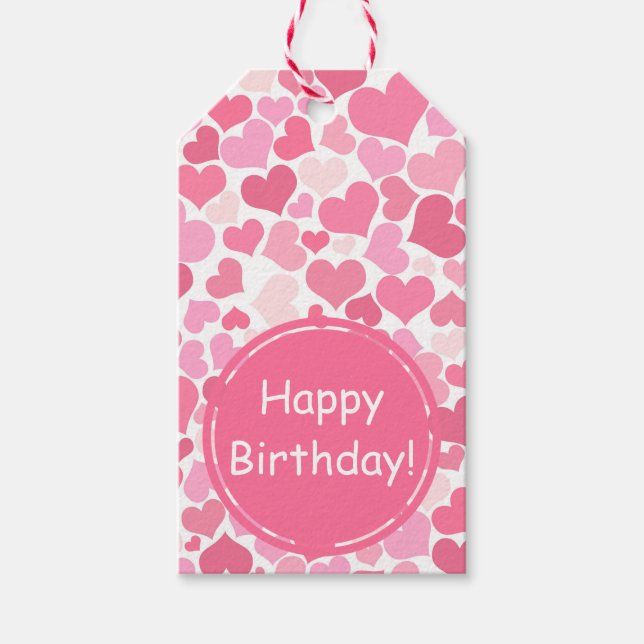 Rosa Hearts Mönster | GRATTIS PÅ FÖDELSEDAGEN Presentetikett (Framsidan)