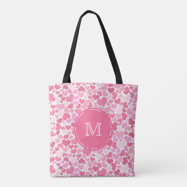 Rosa Hearts Mönster Monogram Tote Tygkasse (Baksida)