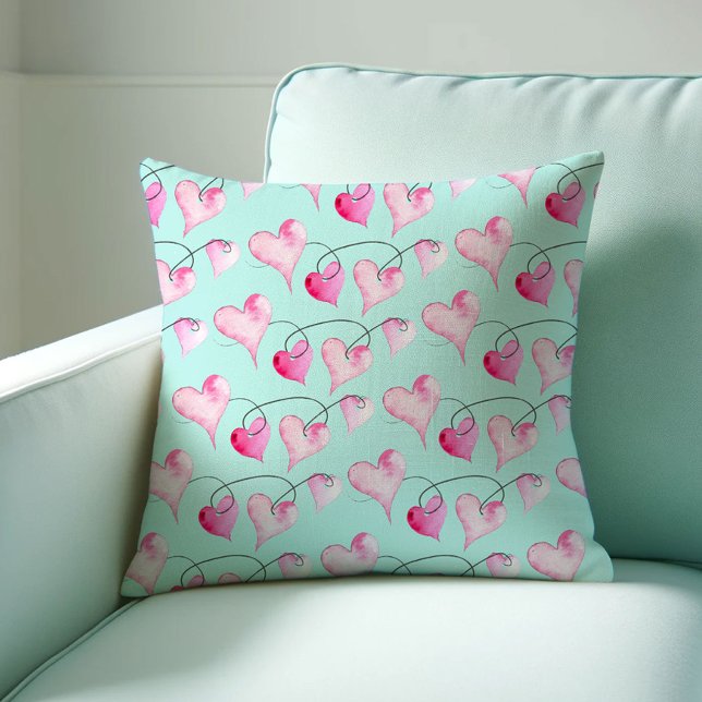 Rosa Hearts Mönster Watercolor Kudde (Valentines decor watercolor hearts pillow art by Victoria Grigaliunas of Do Tell A Belle)