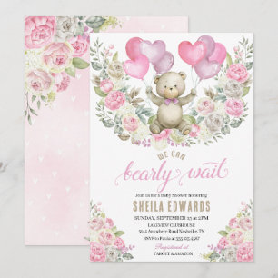 Rosa Hearts Nalle Ballons Baby Shower Inbjudningar