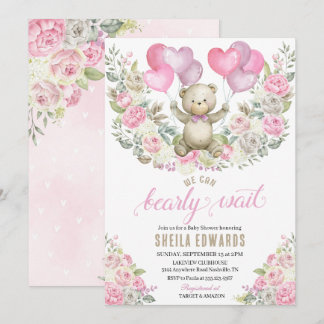 Rosa Hearts Nalle Ballons Baby Shower Inbjudningar