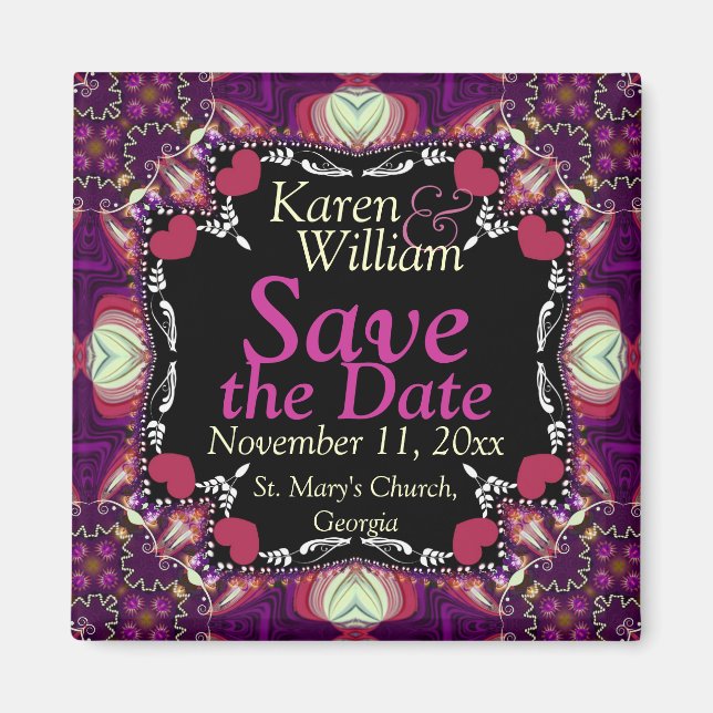 Rosa Hearts on Black Save the Date Bröllop Magnet (Framsidan)