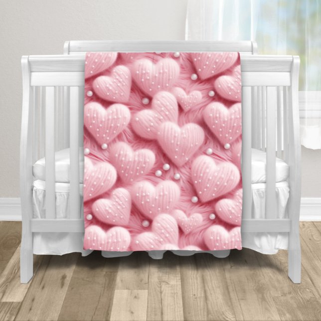Rosa Hearts Pearls Baby Fleecefilt (Adorable fluffy pink hearts and pearls baby blanket. You can add text and a color to the back.)