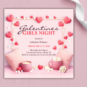 Rosa Hearts Popcorn Galentine's Girls Night Party Inbjudningar