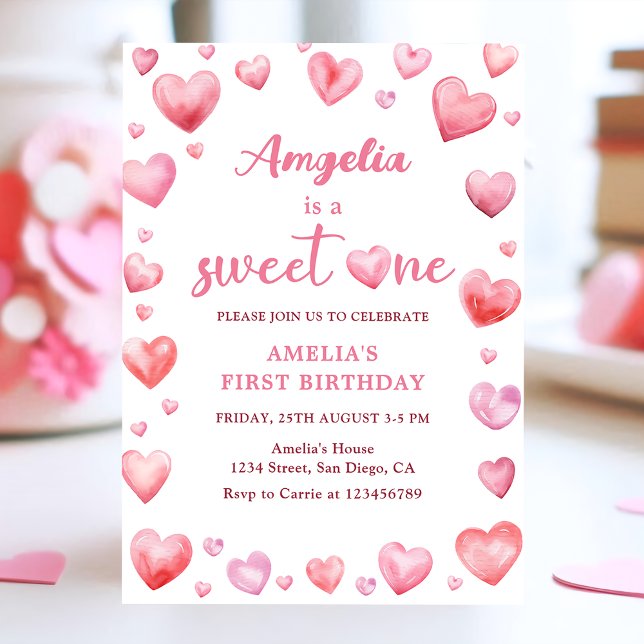 Rosa Hearts Sweet One Valentine 1st Birthday Inbjudningar (Skapare uppladdad)