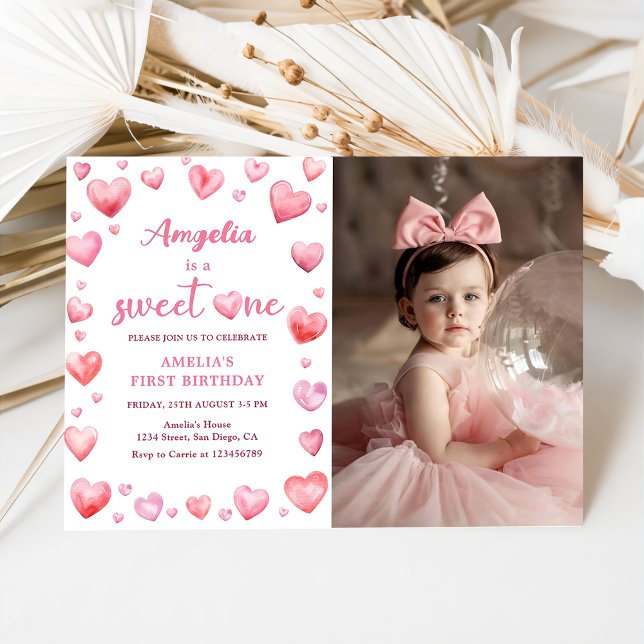Rosa Hearts Sweet One Valentine 1st Birthday Photo Inbjudningar (Skapare uppladdad)