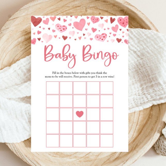 Rosa Hearts Valentine Baby Bingo Baby Shower Game Inbjudningar (Watercolor Cute Pink Red Hearts Valentine A Little Sweetheart Girl Baby Bingo Baby Shower Game)