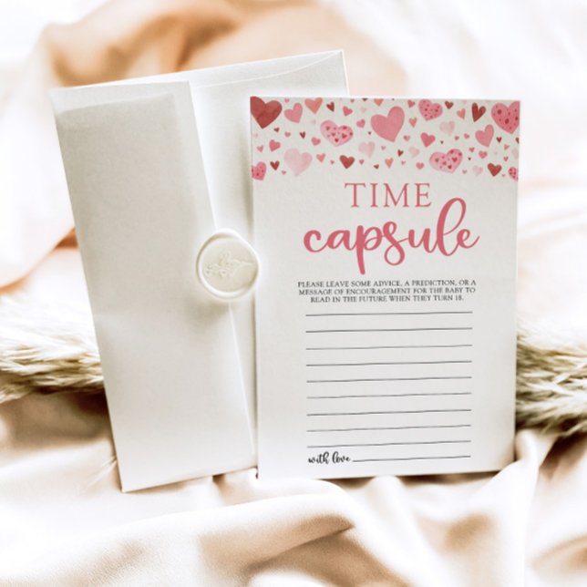 Rosa Hearts Valentine Baby Shower Time Capsule Inbjudningar (Watercolor Cute Pink Red Hearts Valentine Sweetheart Baby Girl Time Capsule Card Baby Shower Game)