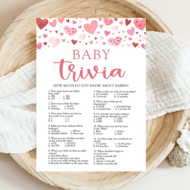 Rosa Hearts Valentine Baby Trivia Baby Shower Game Inbjudningar (Watercolor Cute Pink Red Hearts Valentine A Little Sweetheart Girl Baby Trivia Baby Shower Game)