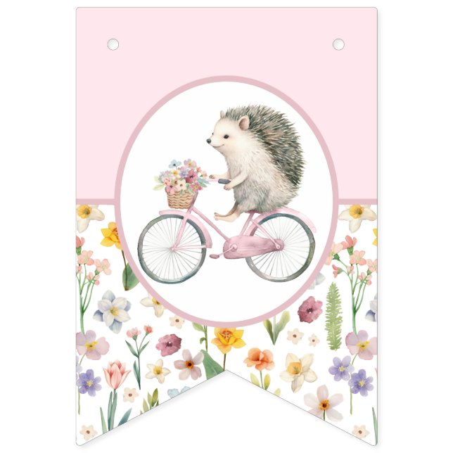 Rosa Hedgehog Baby Shower Bunting Flagga Cute Blom (Sextonde flaggan)