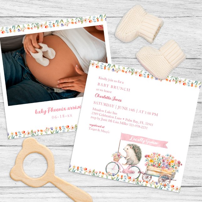 Rosa Hedgehog Baby Shower Fotoinbjudan Inbjudningar (Whimsical Baby Shower Invitation)