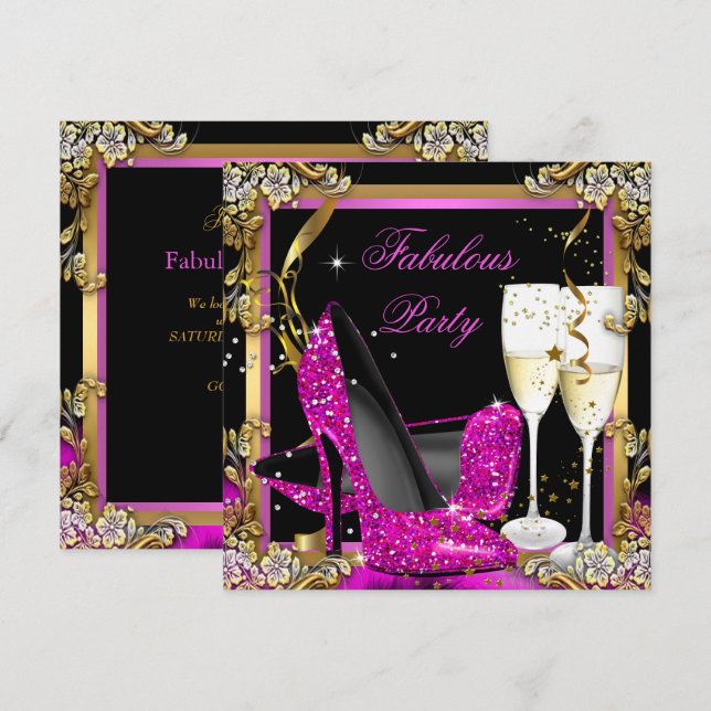 Rosa Heels Guld Black Fabulous Champagne Party Inbjudningar (Fram/baksida)
