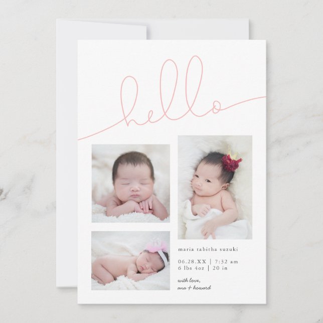 Rosa Hej Script Multi Photo Girl Birth Meddelande (Framsida)