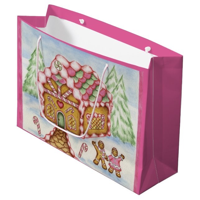 Rosa Helgdag Gingerbröd House Gift Bag (Framsidan Vinklad)