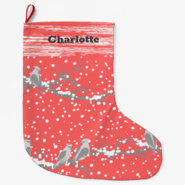 Rosa Helgdag jul Fåglar och Snö Stocking Stor Julstrumpa