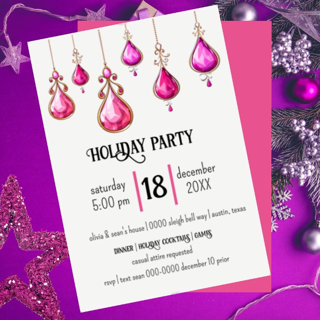 Rosa Helgdag Ornaments Party Inbjudningar (Jewled ornaments hanging from the top of this fully customizable party invite 
)
