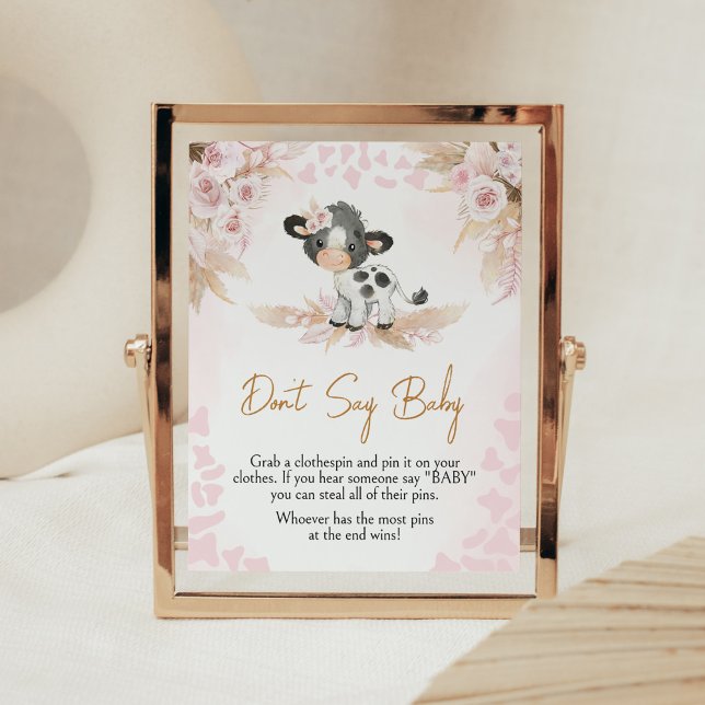 Rosa Heliga Cow Baby Shower Säg inte Baby Poster (Highland Cow Baby Shower Don't Say Baby Sign)