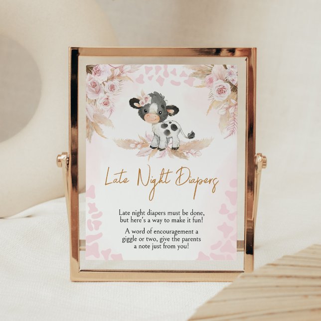 Rosa Heliga Kow Baby Shower Late Night Diables Poster (Highland Cow Baby Shower Late Night Diapers Sign)