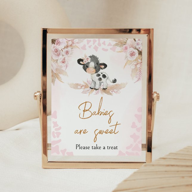 Rosa Heliga Kow Baby Shower Spädbarn är Sweet Poster (Highland Cow Baby Shower Babies are Sweet Sign)