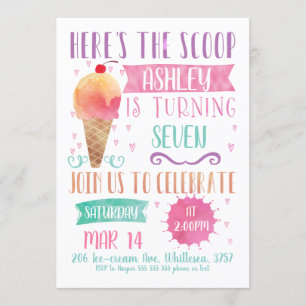 Rosa Heres The Scoop Ice-Cream Birthday bjudande Inbjudningar