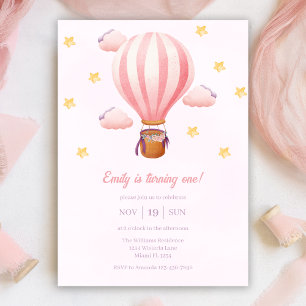 Rosa Hett Luft Ballon Girl 1st Birthday Party Inbjudningar