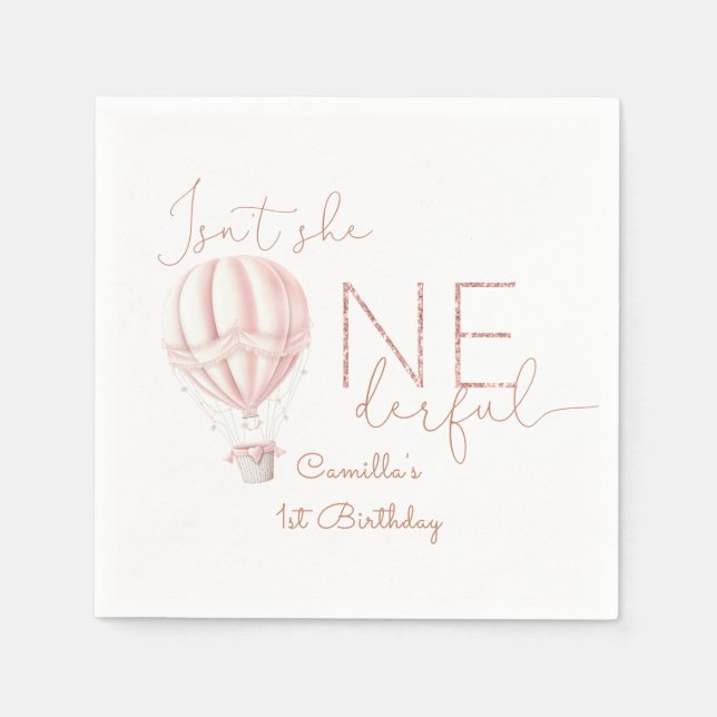 Rosa Hett Luft Ballon Onederful Girl Första födels Pappersservett (Framsidan)