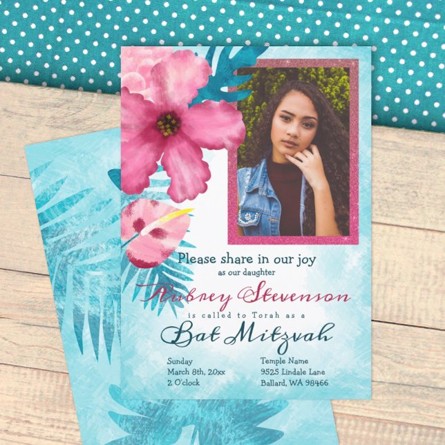 Rosa Hibiscus, Bat mitzvah inbjudan till blått blå (turquoise blue and pink bat mitzvah invitation, hibiscus flower, 12th birthday party invitation)