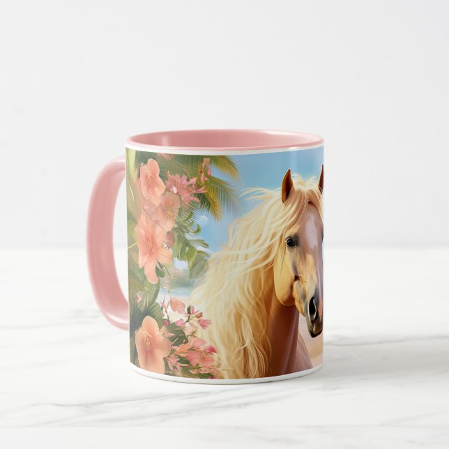 Rosa Hibiscus Beach Palomino Horse Coffee Mugg (Framsida vänster)
