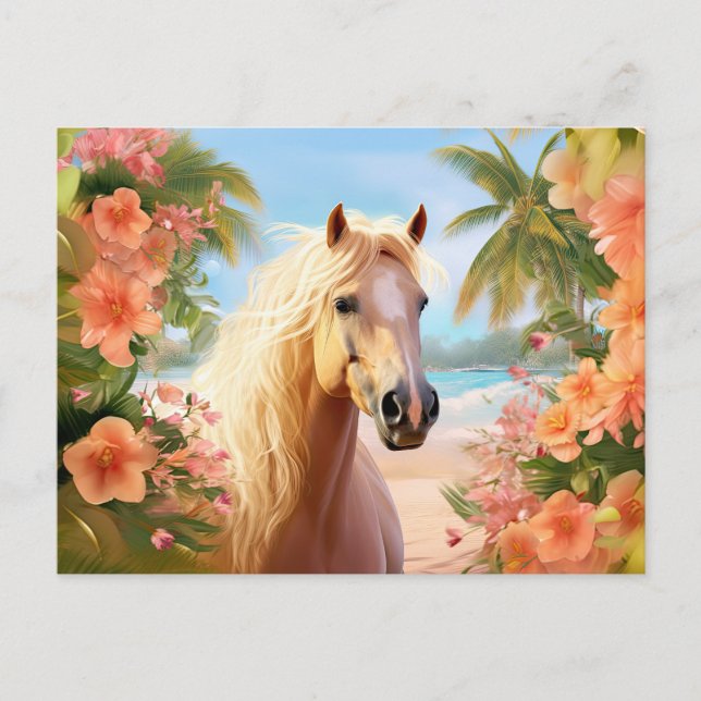 Rosa Hibiscus Beach Palomino Horse Postcard Vykort (Framsida)