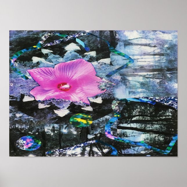 Rosa Hibiscus Black and White Landscape Collage Poster (Framsidan)