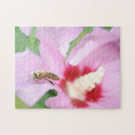 Rosa Hibiscus blomma och honungsbi vackra Cute Pussel