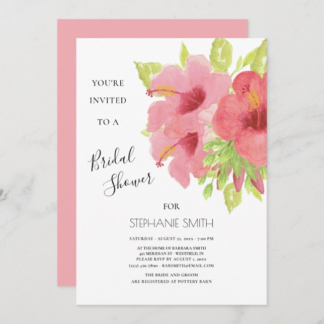 Rosa Hibiscus Blommigt Möhippa Inbjudningar (Fram/baksida)