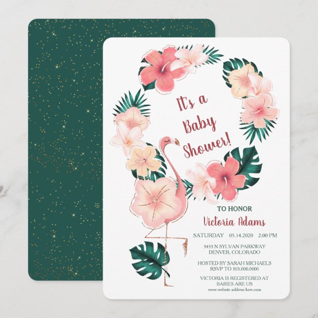 Rosa Hibiscus Flamingo Baby Shower-inbjudan Inbjudningar (Fram/baksida)