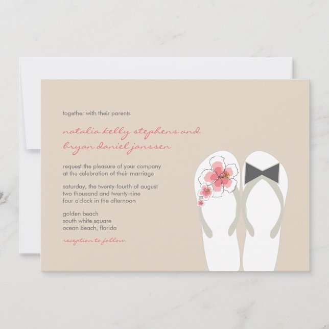 Rosa Hibiscus Flinflip flops Beach Wedding Inbjudningar (Framsida)