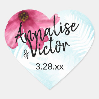 Rosa Hibiscus Flower Heart Teckning Hjärtformat Klistermärke
