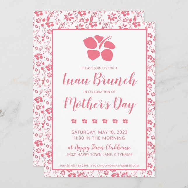 Rosa Hibiscus Flowers Brunch Luau Mors dag Inbjudningar (Fram/baksida)